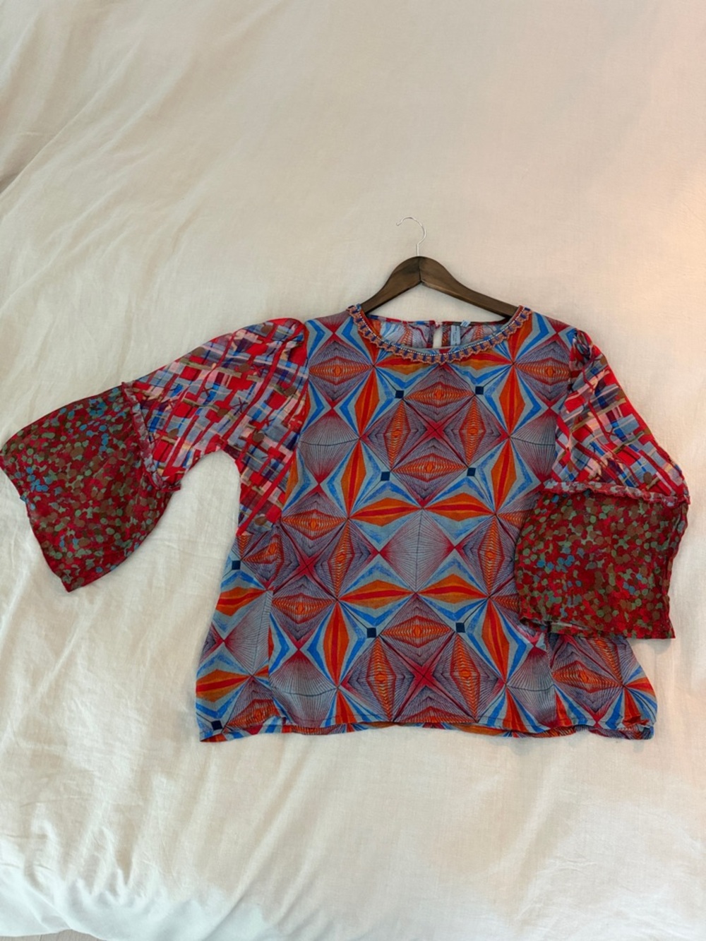 Anthropologie/ Bl-nk Geometric Multicolor Women's Blouse with Floral Sleeves